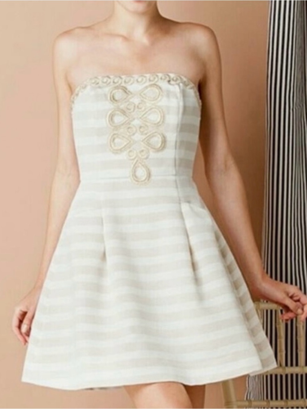 Lilly Pulitzer Blossom Strapless Embroidered Mini Dress Gold Cream Size 12 - Picture 5 of 12